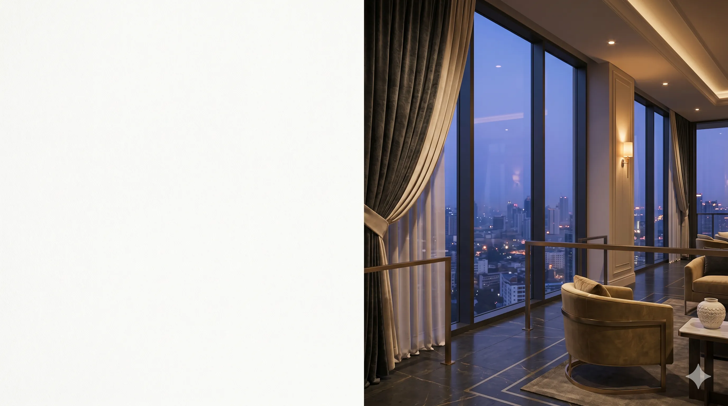 Luxury interior with city view at dusk
