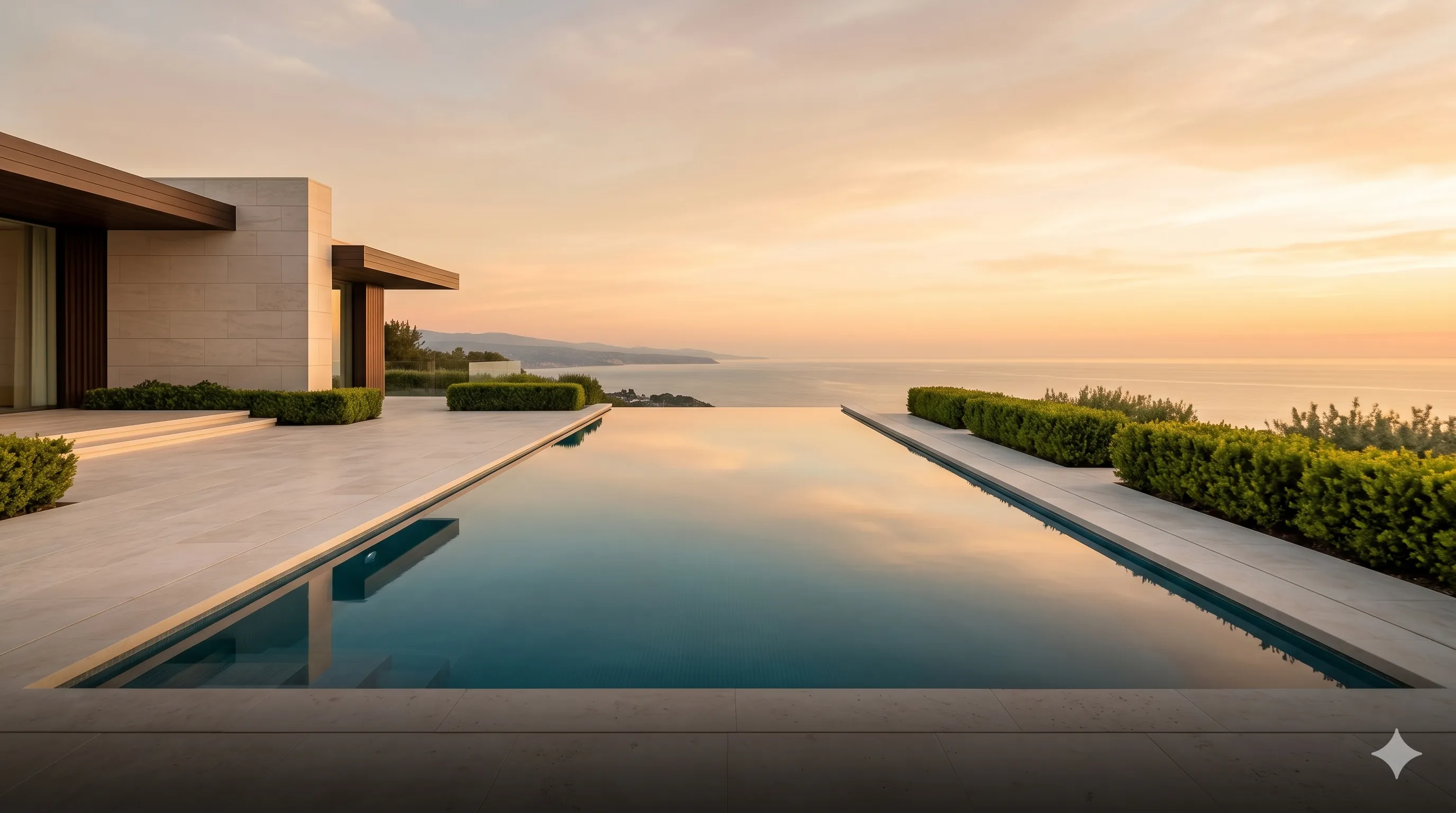 Luxury villa with infinity pool at sunset