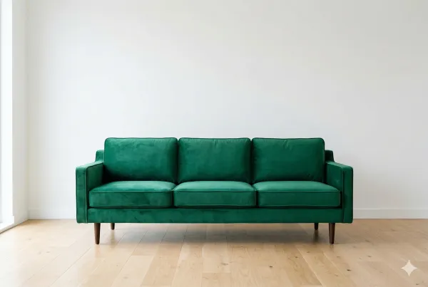 Green velvet sofa in minimal room