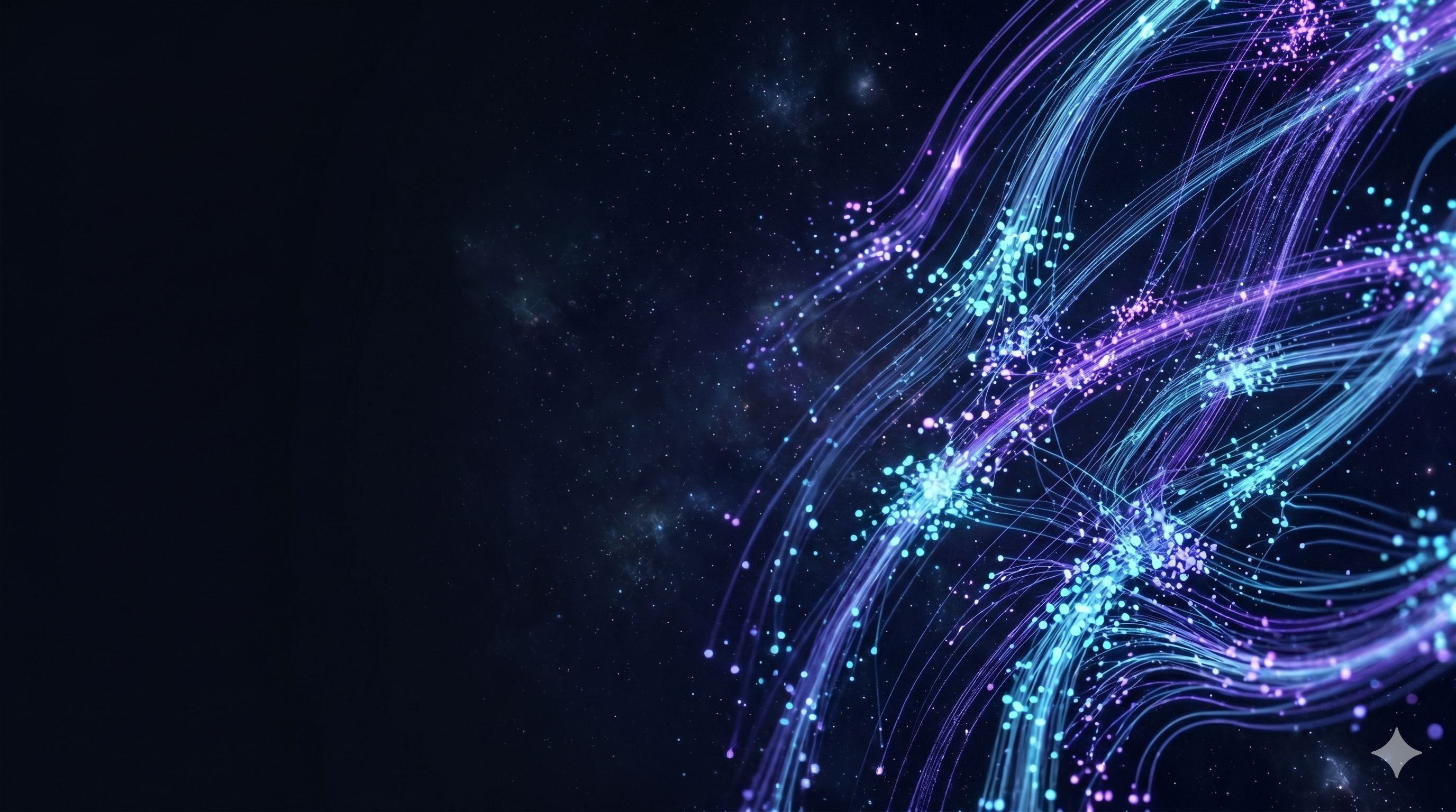 Abstract neural energy visualization with glowing purple and blue particles forming dynamic wave patterns in deep space