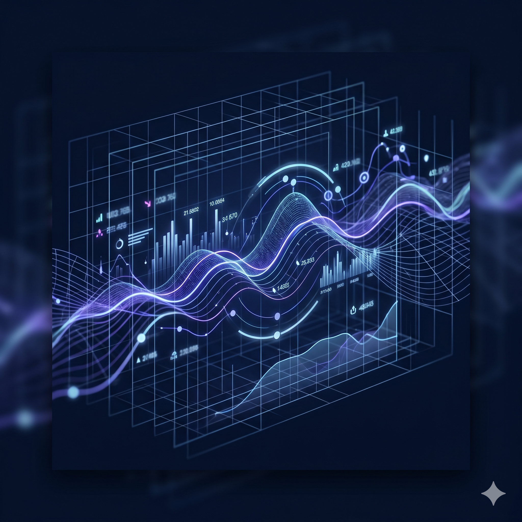 Data analytics dashboard with flowing charts and glowing metrics on dark screens
