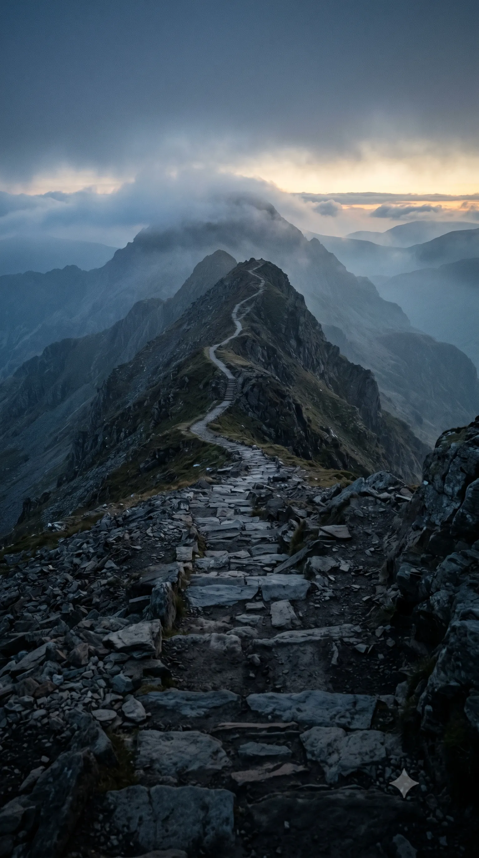 Process visual — 山頂へ向かう険しい道のりを表す劇的な山岳写真